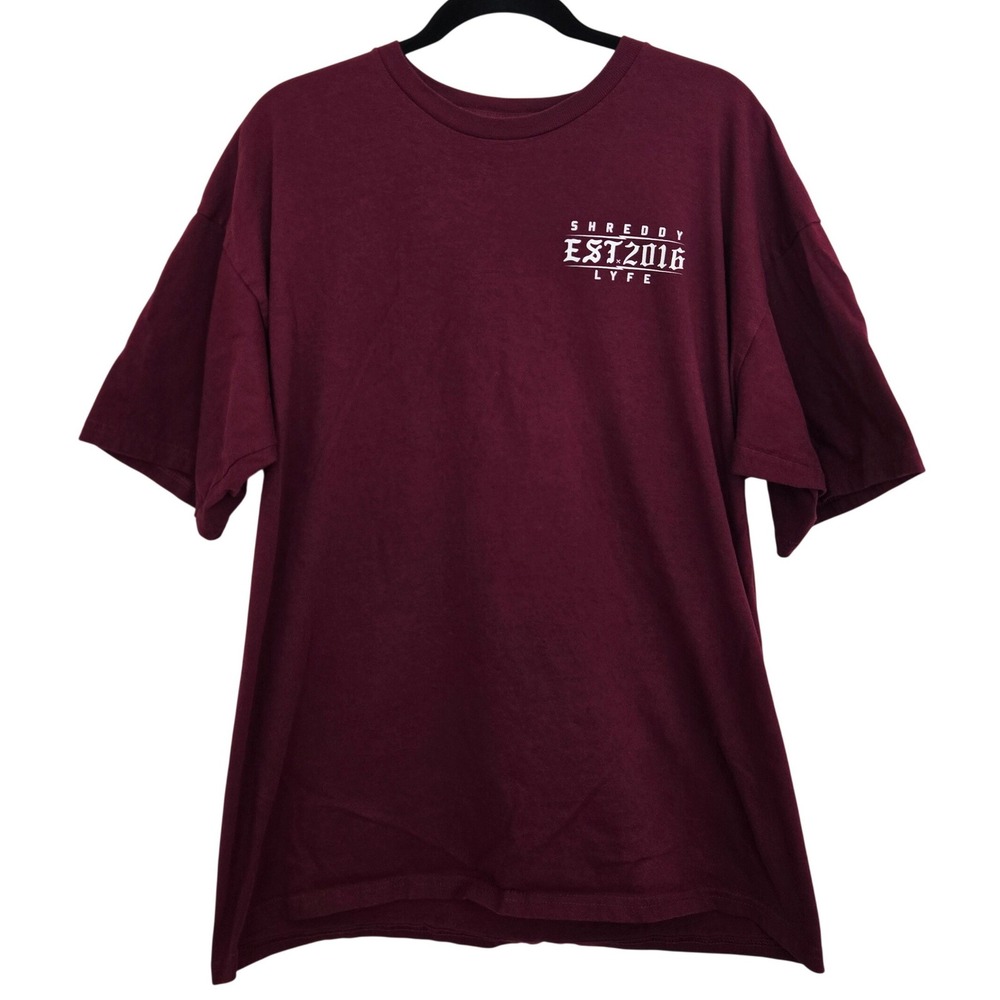 Shreddy Lyfe‎ T-Shirt XL Maroon Forever Shreddy Gothic Logo Skate Moto Off-Road
